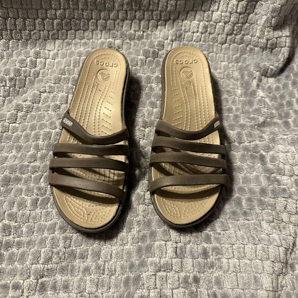 CROCS Tan and Brown Multi-Strap Slide Sandals